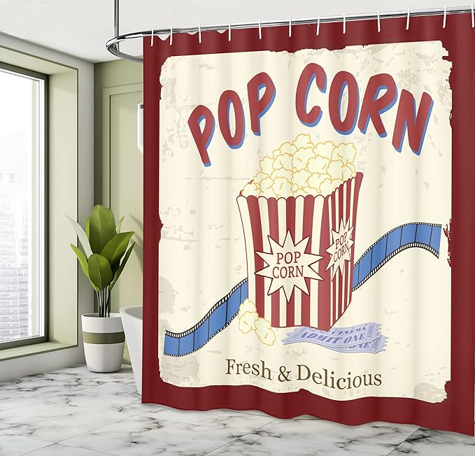 Ambesonne Movie Theater Shower Curtain, Fresh and Delicious Pop Corn Film Tickets and Strip Advertising in 60s Theme, Cloth Fabric Bathroom Decor Set with Hooks, 69" W x 70" L, Ruby Cream Blue