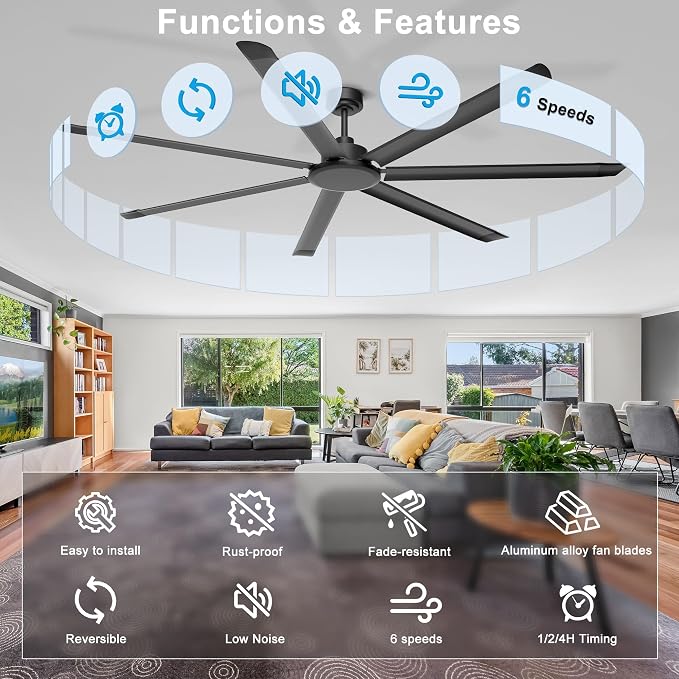 Ohniyou 84'' Ceiling Fan No Light, Black Industrial Ceiling Fan with Remote/APP, Aluminum Blades, 11000 CFM DC Motor for Shop, Warehouse, Garage, Patios