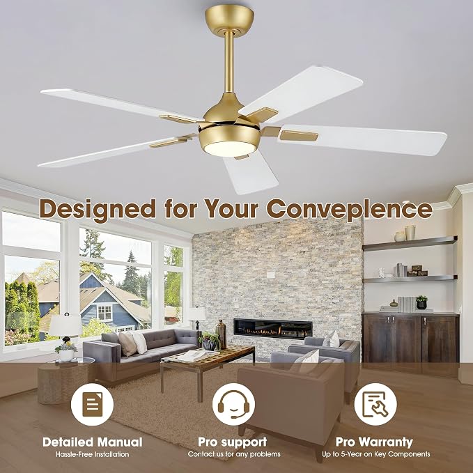 52" White Gold Ceiling Fan with Light and Remote, DC Motor Ceiling Fan with LED Light, 6-Speed Reversible, Dimmable 3CCT, Modern Ceiling Fan for Bedroom Living Room