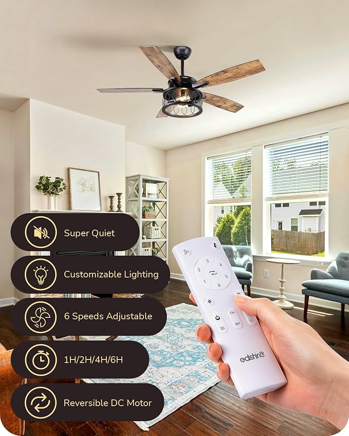 EDISHINE 52'' Farmhouse Ceiling Fans with Lights, 10%-100% Dimmable, 5 Wooden Blades, 1/2/4/6 Hour Timer, 6 Speeds Reversible DC Motor, Rustic Ceiling Fan for Living Room, Bedroom, Burnt Wood