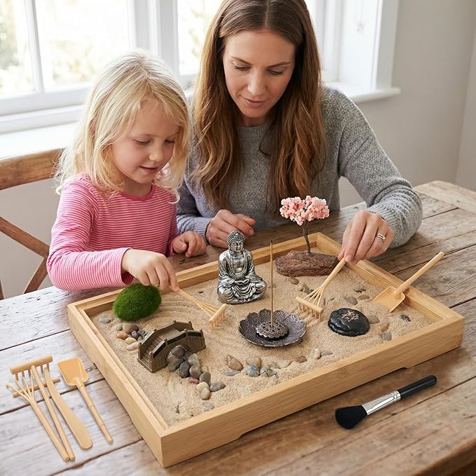 Zen Sand Garden Kit for Desk with Incense Stick Holder 11"x7.5" 6 Tools, 16 Accessories