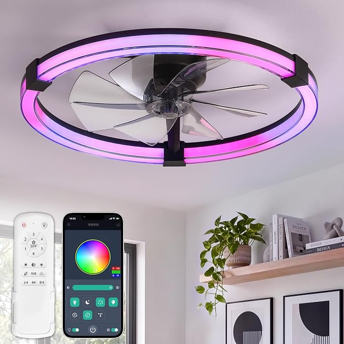 LEDIARY Ceiling Fan with Light,23inch Low Profile Fandelier with Remote RGB | RGB,6 Speeds, Reversible DC Motor, Dimmable Flush Mount Fan Light, Modern fans for Bedroom