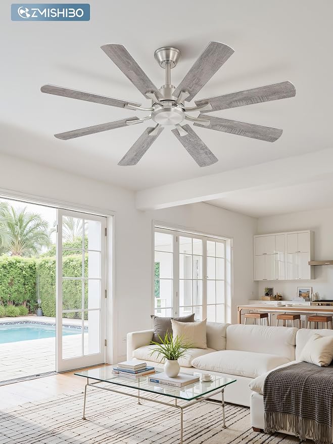 ZMISHIBO 52 inch Ceiling Fan no Light, 8 Blades Brushed Nickel Ceiling Fans without lights, Quiet Rerverible DC Motor, 6speeds, for Bedroom, Living Room, Home Office and Patio