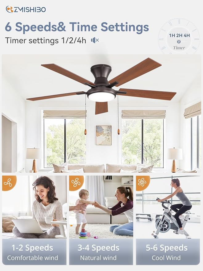 ZMISHIBO Ceiling Fans with Lights, Low Profile Ceiling Fan with Pull Chain and Remote Control, Flush Mount, Reversible, Dimmable, Noiseless, Black Pull Cord Ceiling Fan for Bedroom(52inch Brown)