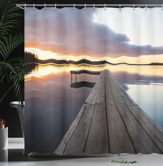 Ambesonne Landscape Shower Curtain, Sunset Over an Old Oak Deck Pier and Calm Water of The Lake Horizon Serenity, Cloth Fabric Bathroom Decor Set with Hooks, 69" W x 75" L, Dark Mauve