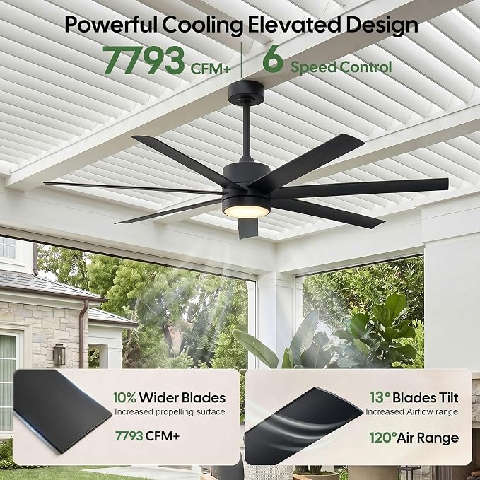 All Weather Wet-Rated Outdoor Ceiling Fan with Lights Waterproof for Patio, 56 Inch High CFM Black Outdoor Fan with UV Coating 7 Blades for Large Exterior indoor Gazebo Terraces, Porch, Commercial
