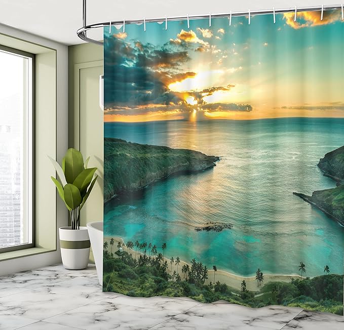 Ambesonne Hawaiian Shower Curtain, Sunrise Over Hanauma Bay Oahu Hawaii Sunbeams Through Clouds Shoreline, Cloth Fabric Bathroom Decor Set with Hooks, 69" W x 75" L, Turquoise Green Yellow
