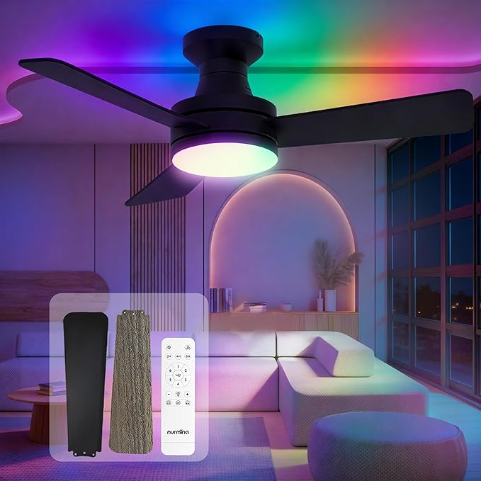 NURMINA 42 Inch Ceiling Fan with Lights, RGB Flush Mount Low Profile Ceiling Fan with Lights, 6CCT Dimmable Reversible Quiet DC Motor Remote Control for Bedroom Kids Room Living Room, Black