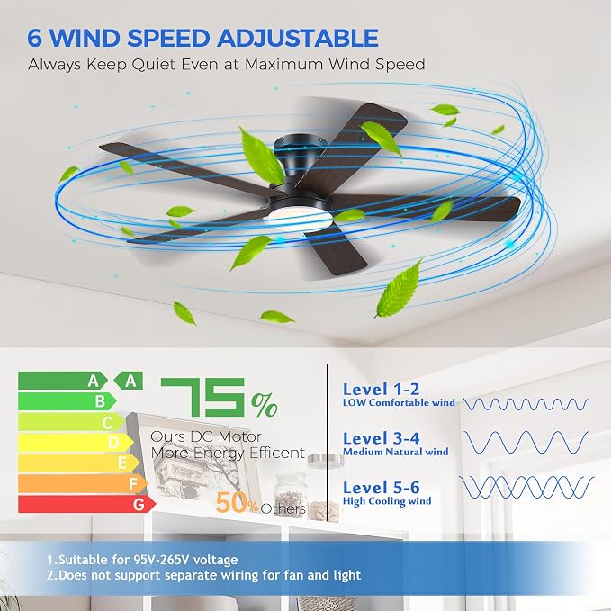 Ayaoty 46" Ceiling Fans with Lights and Remote - Flush Mount Ceiling Fan Light with ABS Blades and 3CCT Dimmable, Reversible, Low Profile Fan Light for Indoor Modern Bedroom, Kitchen, Brown