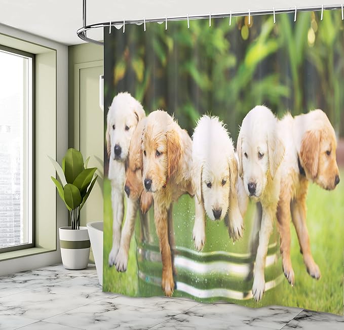 Ambesonne Dog Lover Shower Curtain, Group of Funny Little Golden Retriever Puppies in The Yard Spring Family Fried Photo Print, Cloth Fabric Bathroom Decor Set with Hooks, 69" W x 84" L, Green Beige