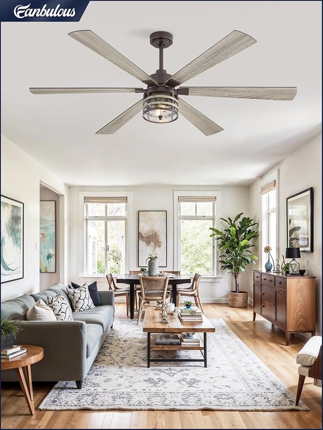 65 Inch Farmhouse Ceiling Fans with Lights and Remote,Industrial Large Ceiling Fan with 6-Speed Reversible DC Motor and 6 Dual Finish Blades,Oil Bronze Ceiling Fan with Light for Living Bedroom Patio