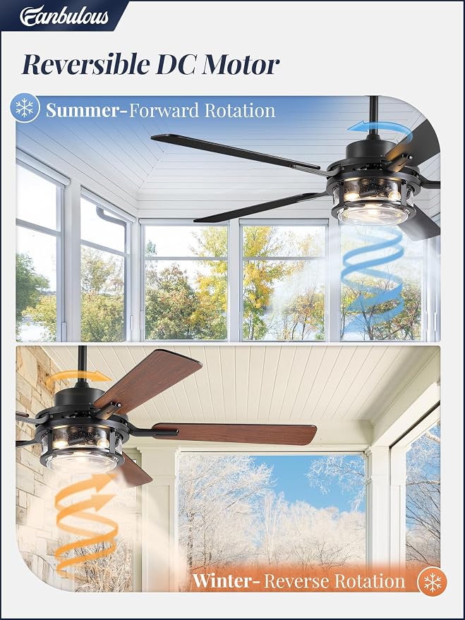 Fanbulous 52 Inch Ceiling Fan with Light and Remote,Downrod Mount Farmhouse Ceiling Fan for Bedroom, Quiet 6-Speed Reversible DC Motor, Rustic Black & Wood Finish Blades