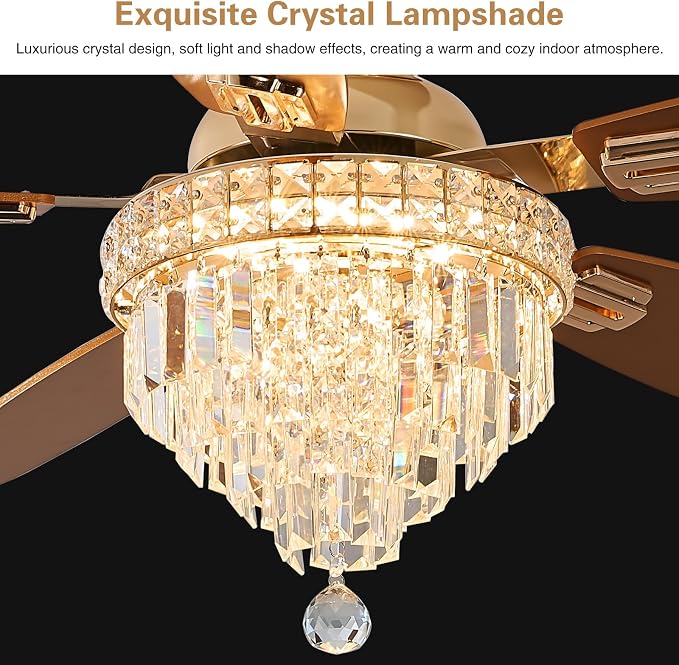 Crystal Ceiling Fan Fandelier with Lights-Ceiling Fans with Lights,50" Low Profile and Remote Control, Flush Mount, Reversible, Dimmable, Noiseless,Ceiling Fan for Bedroom（Gold）