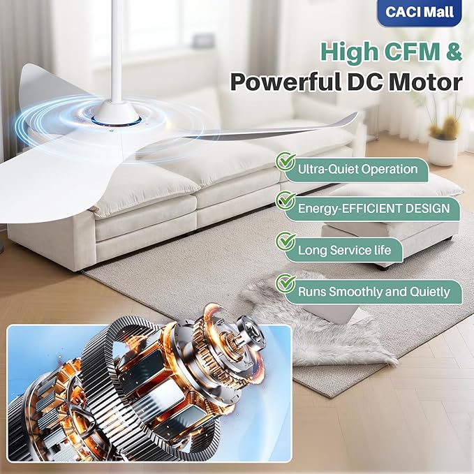 CACI Mall 52" White Ceiling Fan No Light, Modern, Remote Control, Low Profile, 3 Blades Ceiling Fan with Noiseless Reversible Dc Motor for Living room, Bedroom
