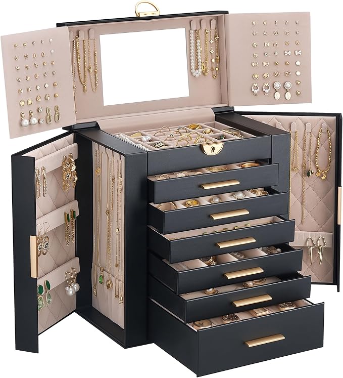 Lolalet Large Jewelry Box Organizer for Women, 7-Layer Jewelry Organizers and Storage Case with Mirror & 6 Drawers, Lockable Watch Ring Earring Bracelet Necklace Holder Girls Gift -7Layer, Black