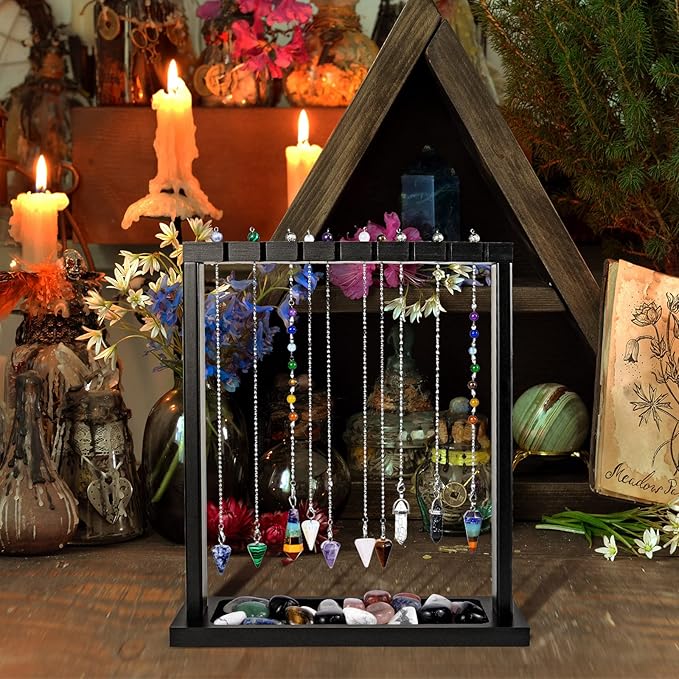 Black Pendulum Crystal Display Holder, Wood Witch Rock Stone Stand, Moon Phase Wiccan Supplies Incense Rack Shelf with Tray for Witchcraft Gift Organizer 15 Pendulum Necklaces