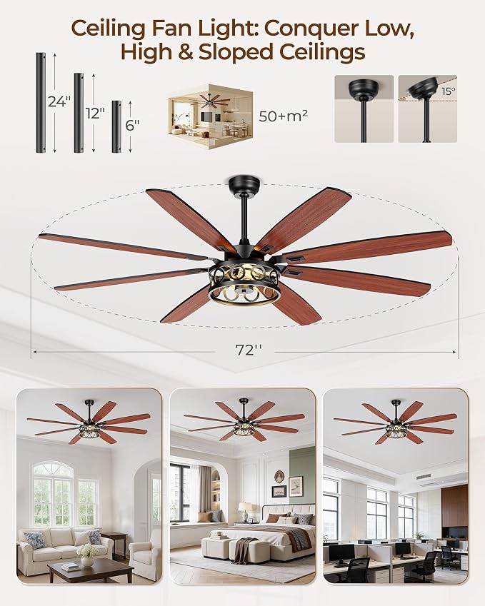 Ceiling Fans with Lights and Remote, 72'' Vintage Caged Ceiling Fan with Light, 8 Blades, 6+1 Speed, Flush Mount Ceiling Fan Whisper-quiet for Farmhouse, Living Room, Kitchen and Porch (72 Inch)