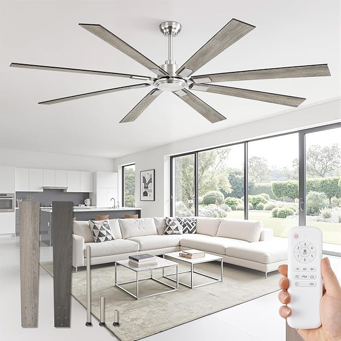 ZMISHIBO 80 Inch Ceiling Fan No Light with Remote Control, 8 Blades Quiet DC Reversible Motor, 6-Speed, Timer, Brushed Nickel Finish, Indoor Outdoor Ceiling Fans for Patios, Living Room, Garage