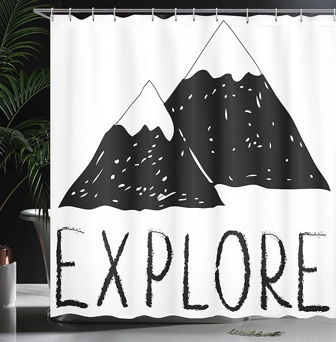 Ambesonne Adventure Shower Curtain, Explore Lettering Wild Forest Hand Drawn Simple Mountains Nature Theme, Cloth Fabric Bathroom Decor Set with Hooks, 69" W x 70" L, Black White