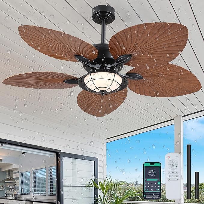 52"Waterproof Outdoor Palm Leaf Ceiling Fans with Lights and Remote/APP | IP44 Wet-rated,Reversible 6 Wind Speeds,Dimmable 3CCT LED,40W Quiet DC Motor,1/4/8H Timer,Suits for Living Room Bedroom Patio