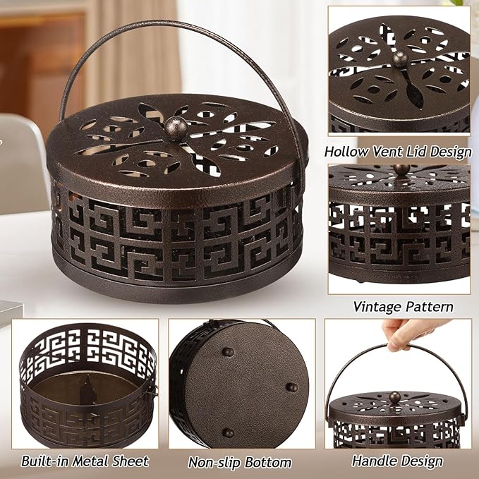 Lallisa 4 Pieces Mosquito Coil Holder Incense Coil Holder Round Retro Portable Metal Hanging Incense Burner with Handle for Home Camping Indoor Outdoor Patio (Bronze,Metal Sheet Included)