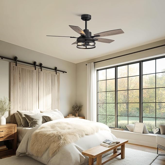 42 Inch Flush Mount Ceiling Fans with Lights and Remote Control, Farmhouse Ceiling Fan with LED Lighting for Bedroom Living Room and Patio, Black Caged Ceiling Fan for Indoor and Outdoor(NO Bulbs)