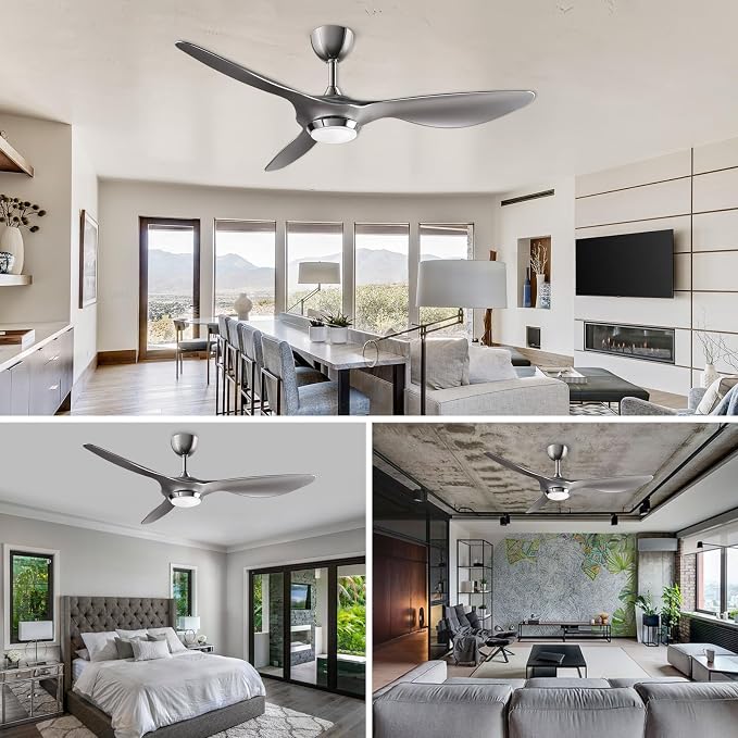 reiga Silver 52" Smart Ceiling Fan with Light, Quiet DC Bedroom 3 Blade Fan | Silent reversible motor, dimmable 3CCT LED light; remote/WiFi/voice control, 6&10in downrods, ETL certified for living room