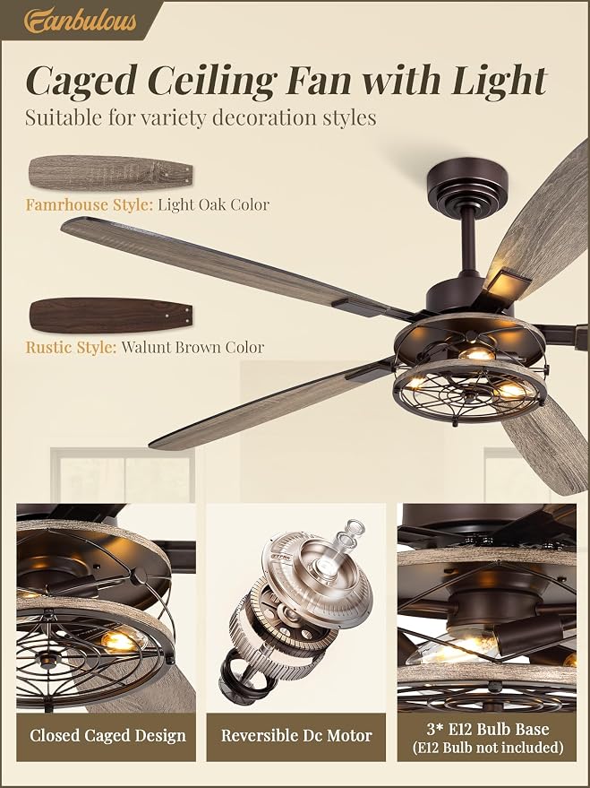 Fanbulous Farmhouse Ceiling Fan with Light and Remote, Industrial Caged Flush Mount Ceiling Fans with 6 Speed Reversible Motor and Dual Finish 5 Blades, for Living room, Bedroom (Oil Bronze, 60 Inch)