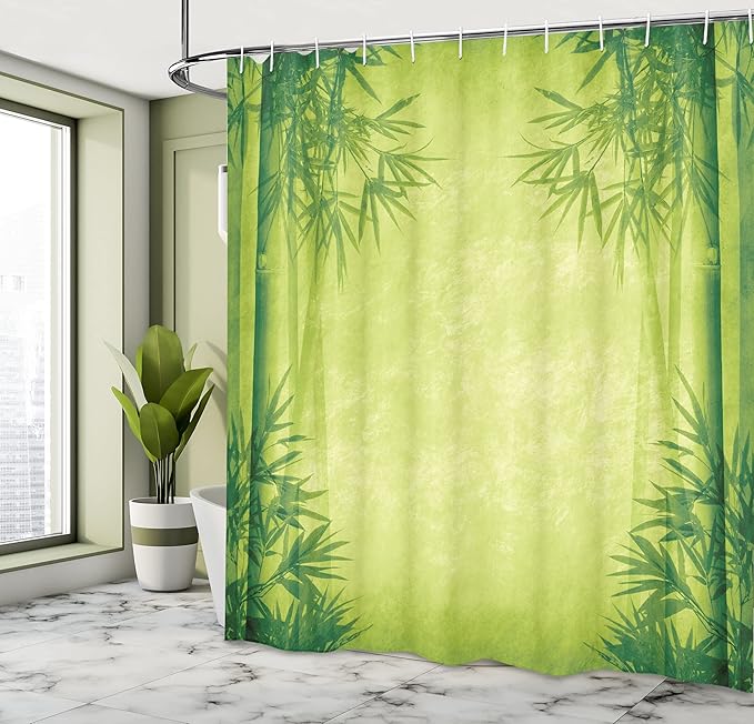 Ambesonne Asian Themed Shower Curtain, Chinese Trees Design Fengshui Style Simple Relaxing Life Tehemd Image Print, Cloth Fabric Bathroom Decor Set with Hooks, 69" W x 70" L, Green