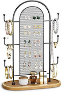 bussdis Jewelry Holder Organizer Earring Display - Earring Storage Tree Stands Towers With 6 Hooks 300 Studs Wood Tray Black Metal Rack