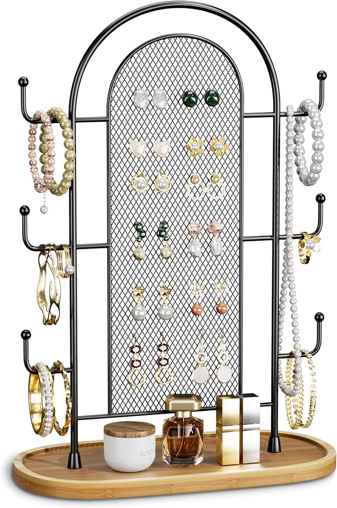 bussdis Jewelry Holder Organizer Earring Display - Earring Storage Tree Stands Towers With 6 Hooks 300 Studs Wood Tray Black Metal Rack