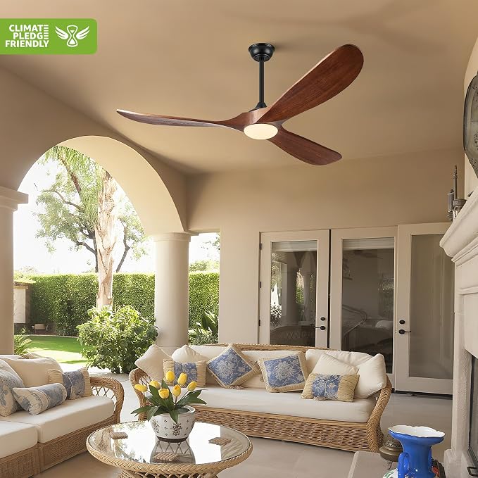 Haipeel 60 Inch Outdoor Ceiling Fans with Lights, Solid Wood Propeller 3 Blades Ceiling Fans with Lights and Remote Control Outdoor Fan for Patios Indoor, High CFM ETL Listed, Dark Walnut
