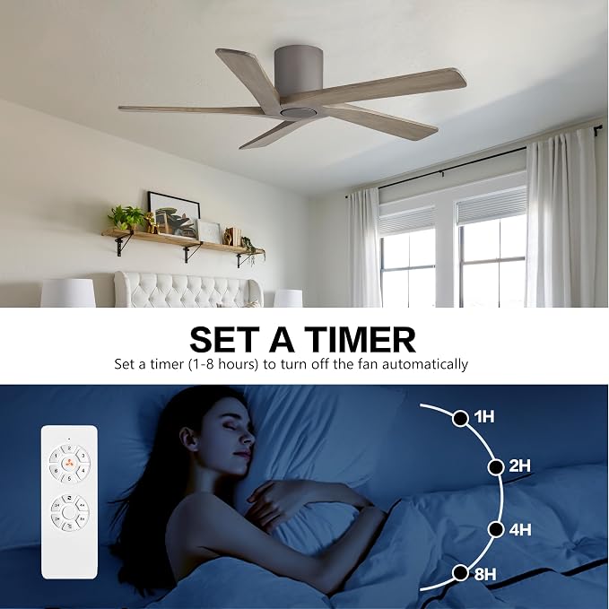 WINGBO 48 Inch Flush Mount DC Ceiling Fan without Lights, 5 Reversible Carved Wood Blades, 6-Speed Noiseless DC Motor, Hugger Ceiling Fan No Lights in Graphite Finish with Gray Blades, ETL Listed