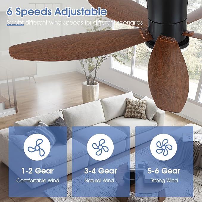 Surtime 48" Ceiling Fans with Lights-Low Profile Ceiling Fan with Light and Remote/APP Control,Flush Mount,LED Dimmable Modern Ceiling Fans for Bedroom,Indoor/Outdoor Patio Use(Brown)