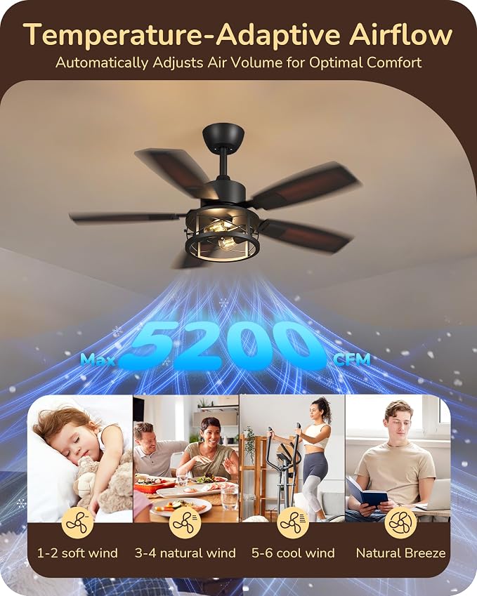 EDISHINE 42" Farmhouse Ceiling Fans with Lights and Remote, 10%-100% Dimmable, Reversible DC Motor, 6 Speed, 5 Wooden Blades, Timer, Rustic Caged Fandelier Ceiling Fan for Living Room, Bedroom