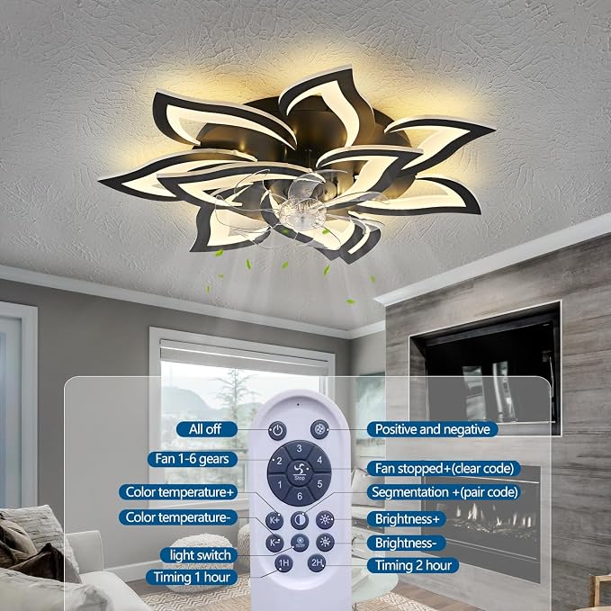 Dalouguan Modern Ceiling Fan with Lights Remote Control, 32" Black 6 Speeds 3 Light Color Low Profile Flush Mount Ceiling Fan for Kitchen Bedroom