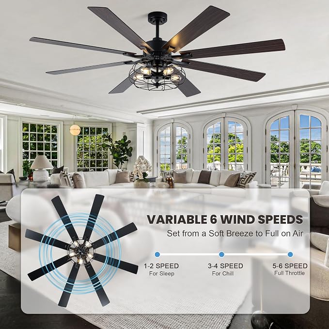 72 Inch Ceiling Fans with Lights Black Farmhouse Ceiling Fan with Remote for Living Room Large Caged Chandelier Fan 5*E26 Bulbs 6 Speed Reversible Quiet DC Motor Wood Blades (NO Bulbs)