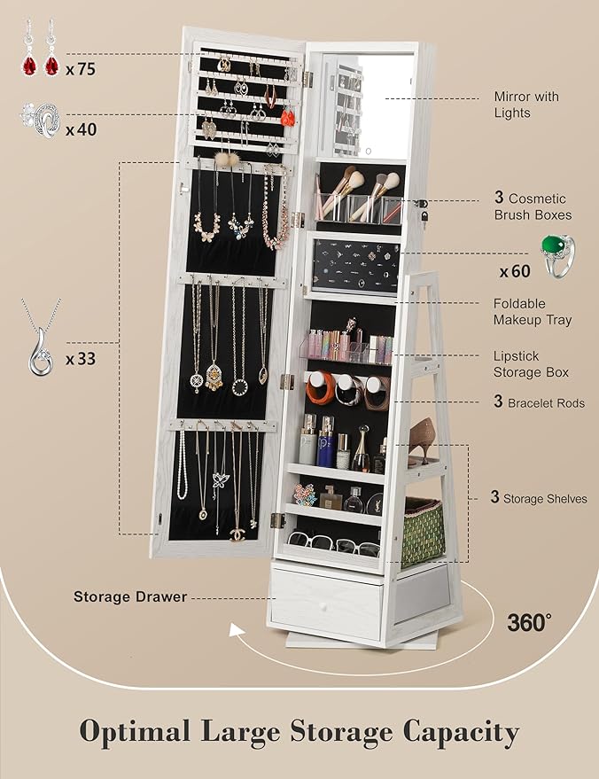 360° Swivel Jewelry Cabinet with Lights, Touch Screen Vanity Mirror, Rotatable Full Length Mirror with Jewelry Storage, Standing Jewelry Armoire Organizer, Foldable Makeup Shelf, White with Grain