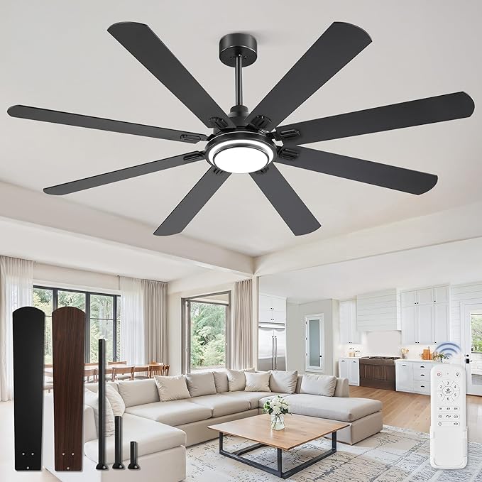 Fanbulous 72 Inch Ceiling Fans with Lights and Remote, Black Ceiling Fan with 8 Dual-Color Blades, Indoor/Outdoor Large Ceiling Fans, Reversible DC Motor, 6-Speed, 3CCT for Living Room Kitchen Patio