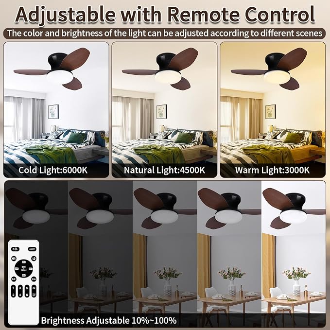 Small Ceiling Fan with Lights and Remote, 25 Inch Flush Mount, Reversible Quiet DC Motor, 3 Blades, 6 Wind Speeds, Dimmable LED, Adjustable Color Temperature, Timer