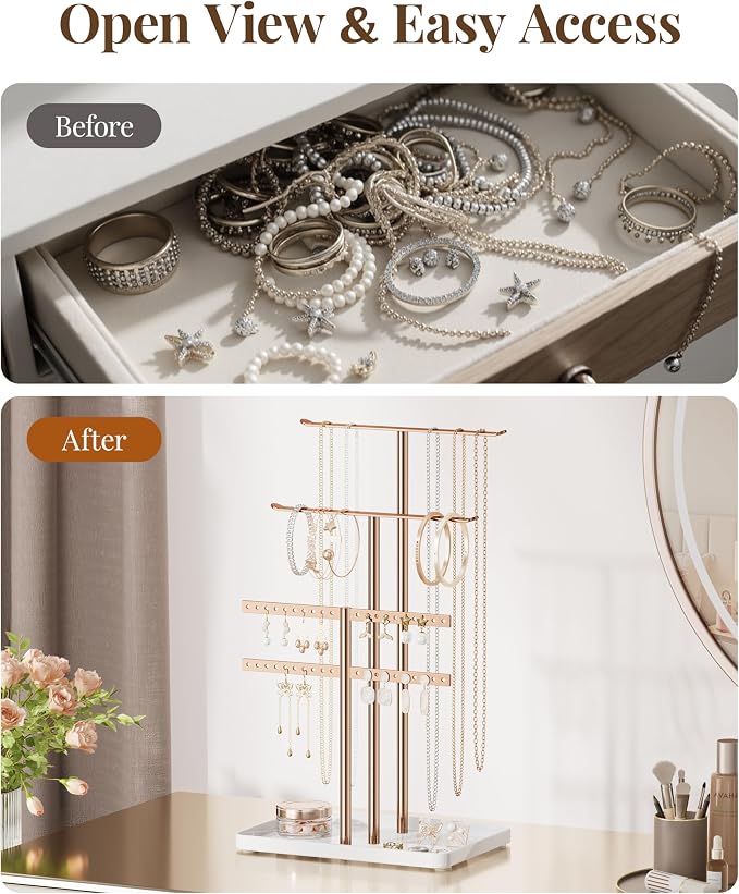 pickpiff Rose Gold Jewelry Organizer: 14.5" Sturdy Stand for 80 Pcs Jewelry