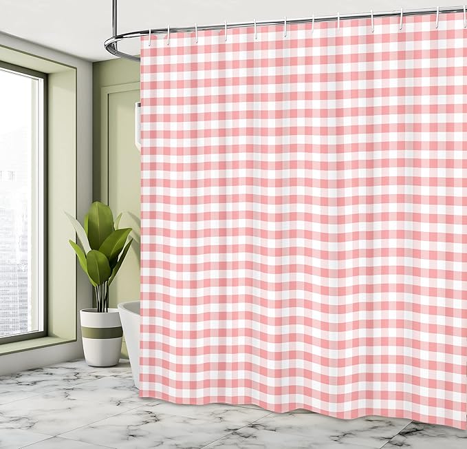 Ambesonne Checkered Shower Curtain, Monochrome Gingham Checks Classical Country Culture Old Fashioned Grid Design, Cloth Fabric Bathroom Decor Set with Hooks, 69" W x 75" L, Pastel Pink