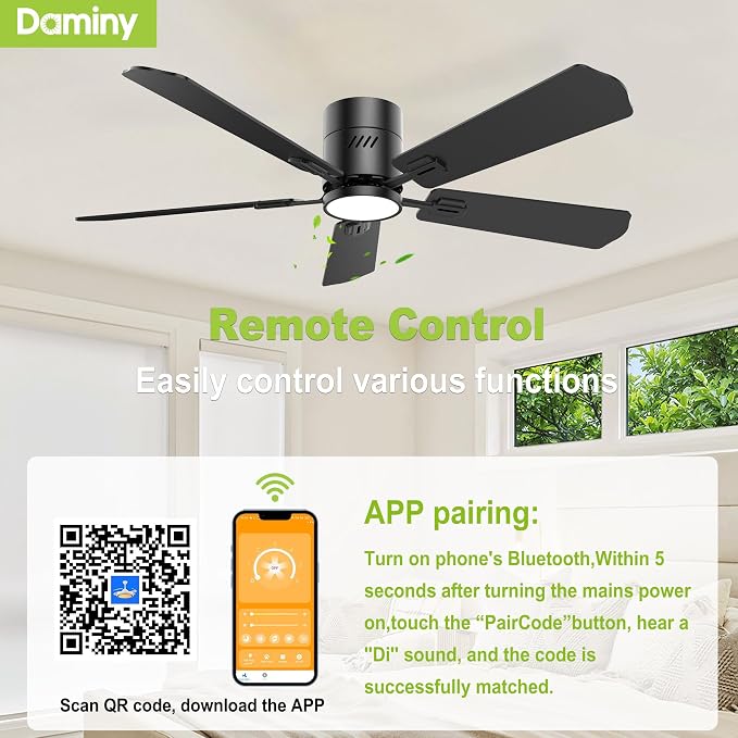 DAMINY 52 inch 5 Blades Black Ceiling Fans with Lights,Flush Mount,6CCT, Low Profile Ceiling Fan with Light and Remote Control,DC Motor,Ceiling Fan for Bedroom, Kitchen,Living Room,Indoor/Outdoor Use
