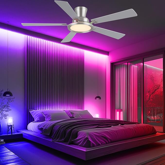 Ayaoty Ceiling Fans with Lights - 52in Flush Mount Ceiling Fan with RGB Dimmable, 3CCT 6 Wind Speeds and Reversible Quiet Motor, Low Profile RGB Fan Light for Modern Indoor, Party - Nickel