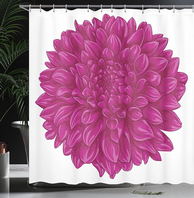 Ambesonne Dahlia Flower Shower Curtain, Big Large Flat Sparse Florets with Outward Pompons Vintage Style in Fuchsia Color, Cloth Fabric Bathroom Decor Set with Hooks, 69" W x 84" L, Pink