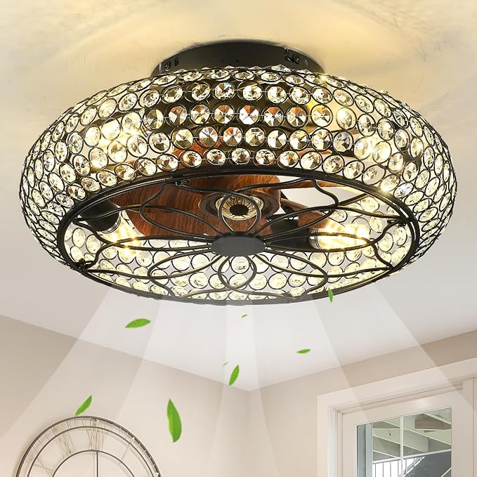 Caged Crystal Ceiling Fans with Lights and Remote,18.8" Flush Mount Low Profile Ceiling Fan with Light,6 Speed Enclosed Ceiling Fan with Reversible Motor for Bedroom Kitchen Living Room