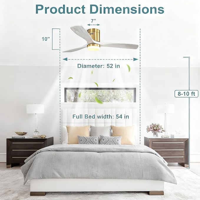 Sofucor Ceiling Fan with Lights-52 Inch Flush Mount Ceiling Fan with Light and Remote Control, Low Profile Wood Blades Modern Outdoor Ceiling Fans for Bedroom/Farmhouse/Patio/Indoor, Quiet DC Motor