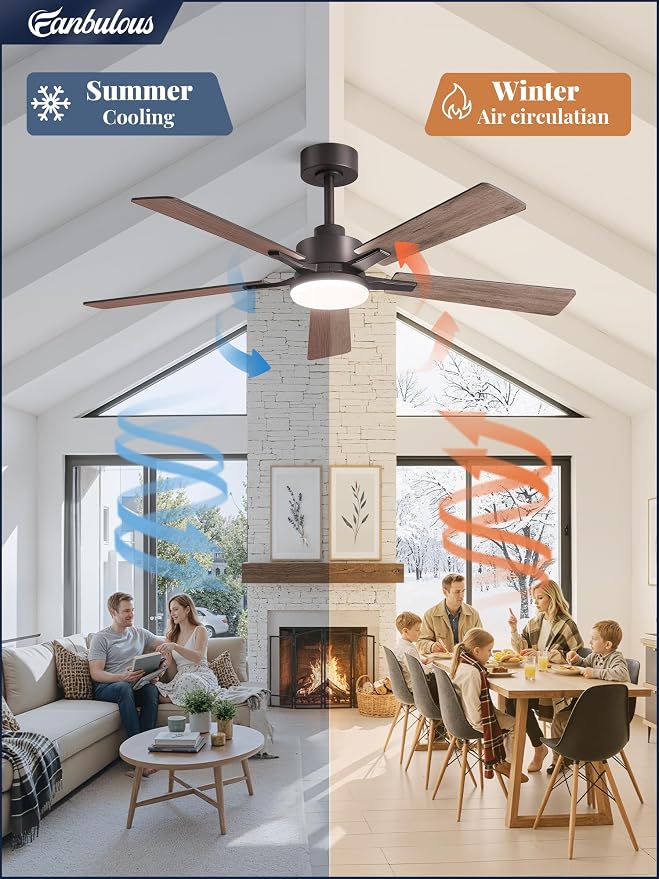 52 Inch Ceiling Fan with Light and Remote, 6 Speeds Reversible DC Motor Ceiling Fans for Bedroom Living Room Patio, 3CCT Dimmable LED, 5 Wood Blades, Downrod Mount, Sloped Ceiling Compatible