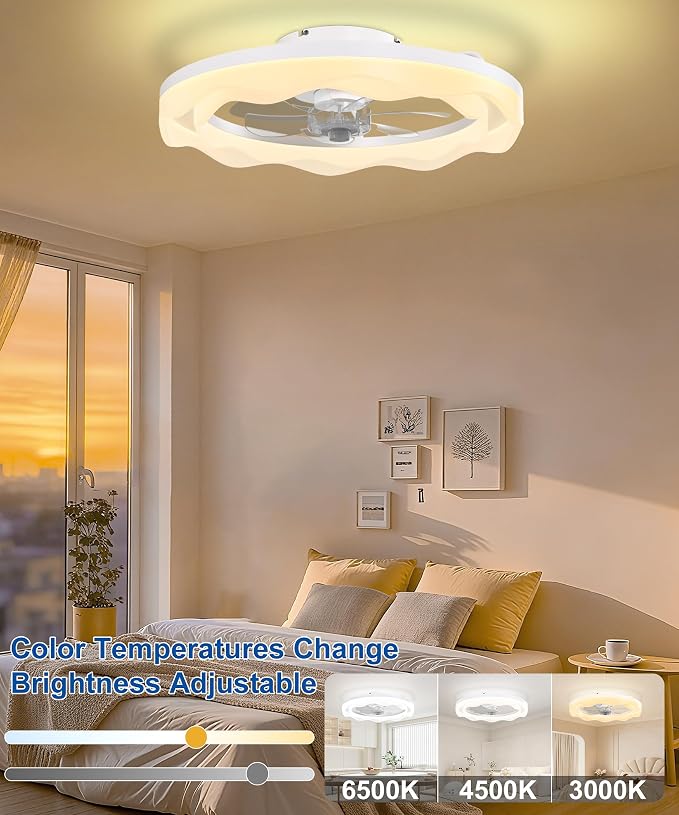 Ceiling Fans with Lights and Remote, 20'' Low Profile Ceiling Fan, 3000K-6500K Dimmable LED Fan Light APP Control, 6 Wind Speeds White Modern Fandelier Flush Mount Ceiling Fans for Bedroom Kids Room