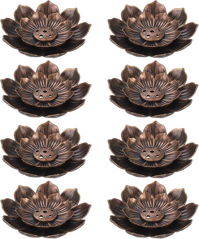 uxcell 8pcs Incense Burner Kit, Brass Lotus Stick Incense Holder 6 Incense Holes Detachable Ash Catcher for Yoga, Meditation, Copper